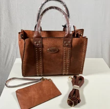 Dasein Studded Brown Purse Handbag Faux Leather Satchel Wristlet 2PC Set NEW