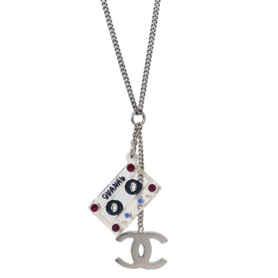 Chanel CC Cassette Tape Chain Pendant Necklace Rhinestone