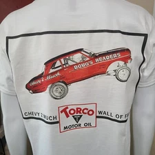 Vintage GASSER/DRAG/SPRINT/MIDGET RACE T-shirt TORCO MOTOR OIL-CHEVY 2 MUCH