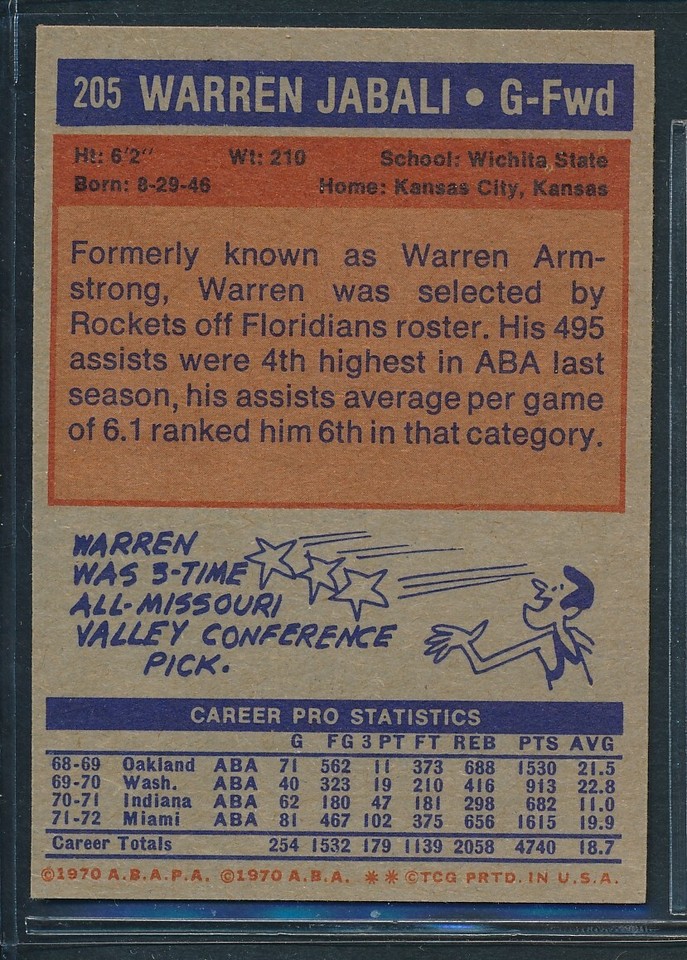 1972 Topps Basketball #205: WARREN JABALI Denver Rockets ~ NM to NM-MT ...