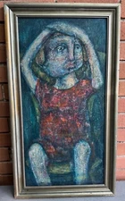 Vintage MCM Figural Seated Oil Painting Mid Century Modern Art Wall Hanging 60s