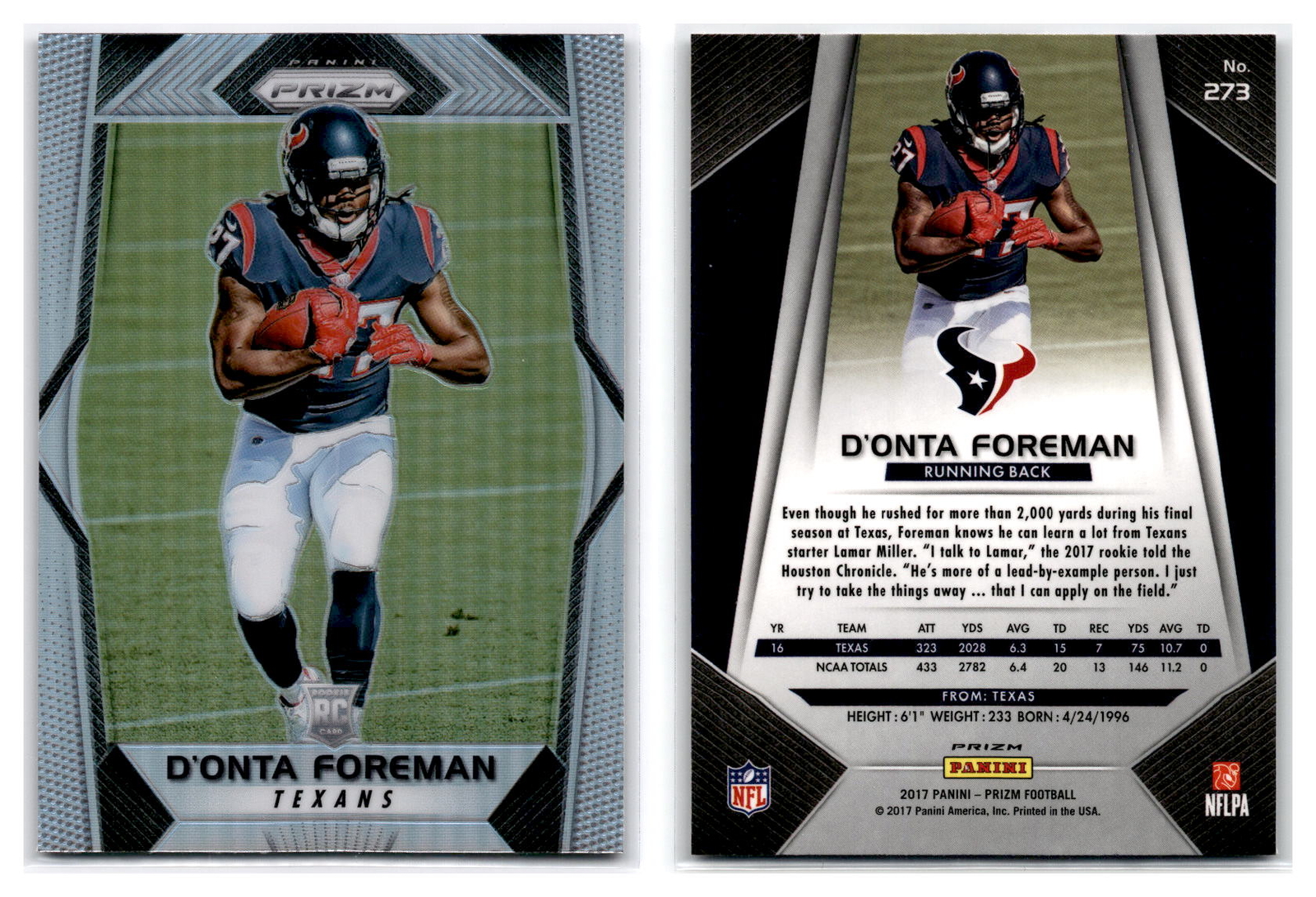 2017 Panini Prizm Silver RC #273 D'Onta Foreman - Houston Texans