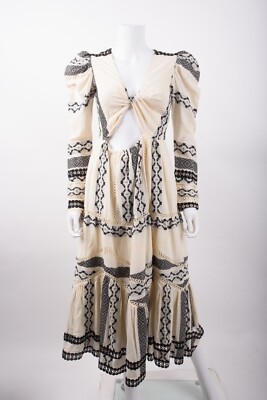 Hemant & Nandita Womens Moira Midi Dress Size S Cut Out Black Cream Puff sleeve