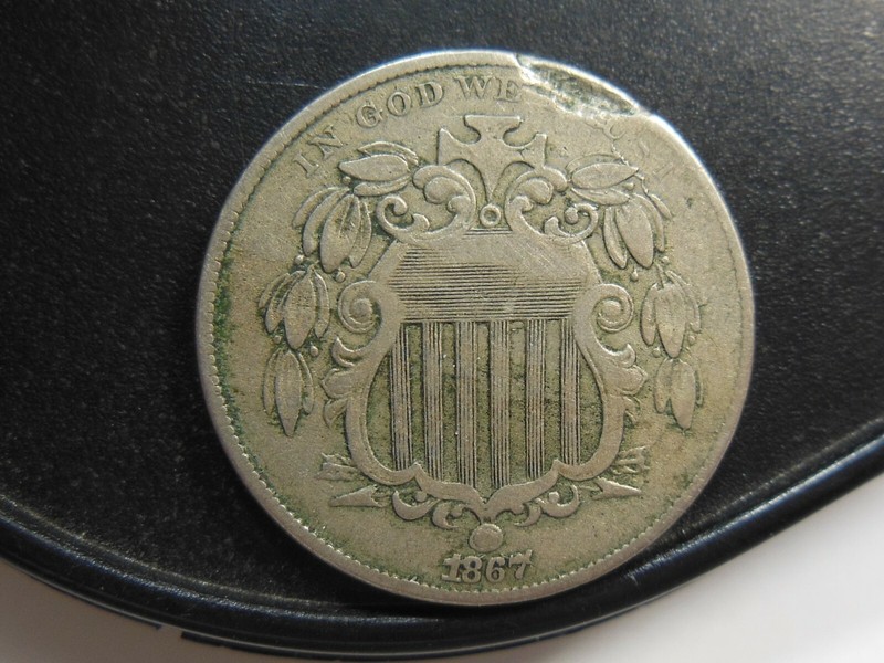 1867 SHIELD NICKEL,  MAJOR PLANCHET FLAW ON OBVERSE