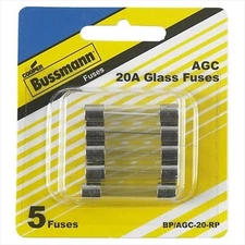 BUSSMANN BPAGC20RP 20 Amp Fast-Acting Glass Tube Fuses 0.25 x 1.25 In. Pack - 5