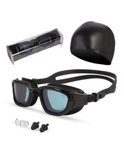 Swim Goggles with Cap, Nose Clip, Ear Plugs, UV Protection  Anti-Fog Lens