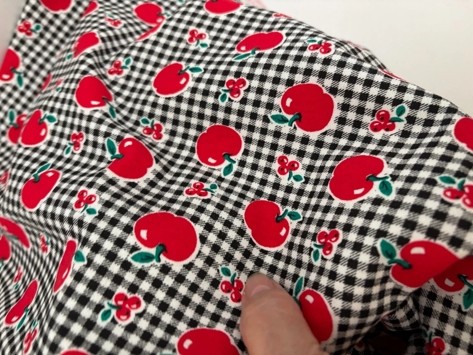 Vtg Scant 1 Yd 64WX30L Red APPLE CHERRY White Black Gingham STRETCH Plaid FABRIC - Image 4 of 4