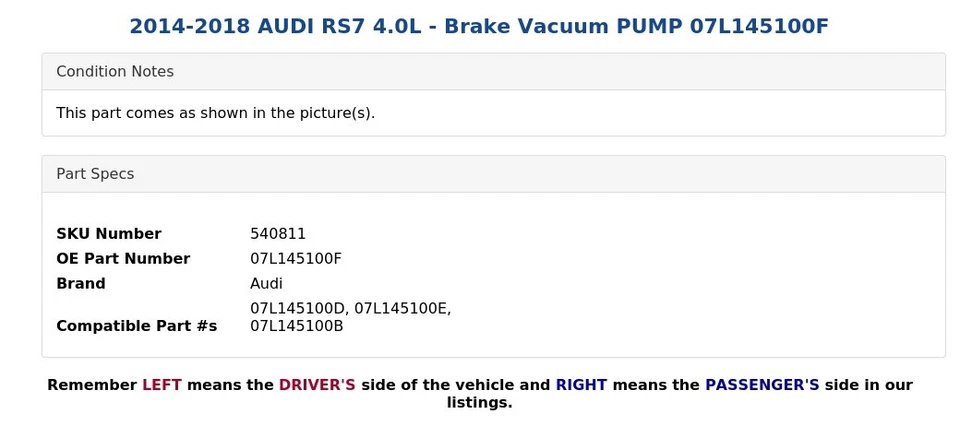 2014-2018 AUDI RS7 4.0L - Brake Vacuum PUMP 07L145100F Foto 4 de 4
