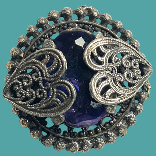 Large Openwork White Metal Button with Pretty Faceted Blue/Purple Glass