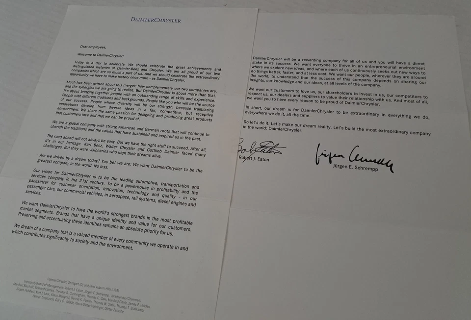 Vintage Daimler Chrysler 1st Day Employees Magazine 32x22 poster & Letter 1998 - Image 2 of 4