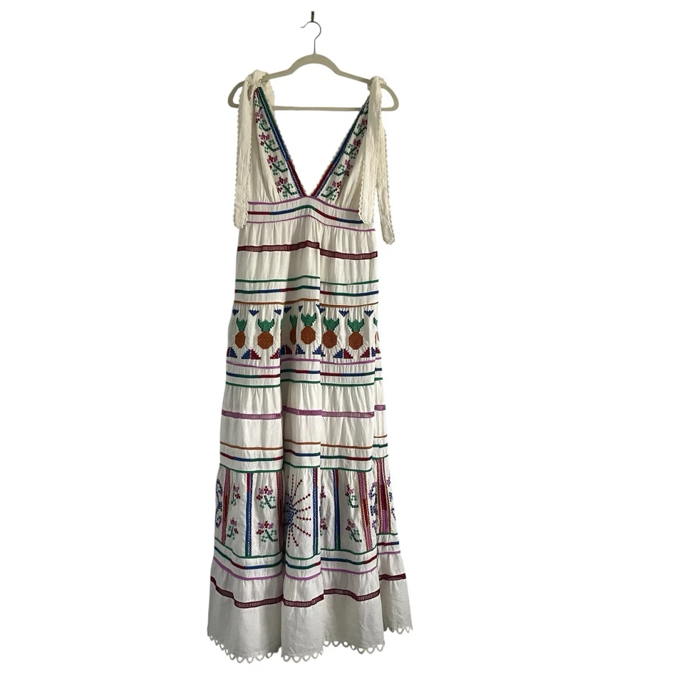 Maxi Vestido Farm Rio Bordado Lino Niveles Talla M Coastal Resort Boho Chic Arte Foto 3 de 4