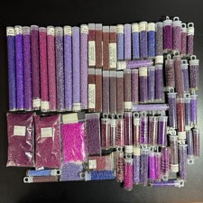 Glass Seed Bead Lot - 73 Tubes  Packets - Purple/Fuchsia Shades Diff Sizes NOS