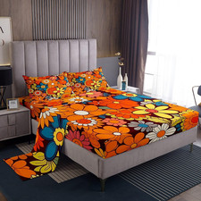 Boho Floral Queen Bed Sheet Set - Ultra Soft Groovy Flower Print