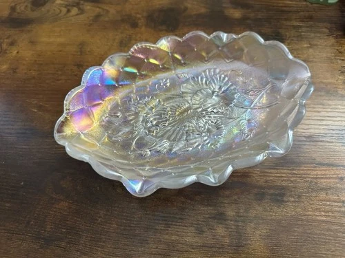 Vintage Iridescent Imperial Carnival Glass Quilted Floral Pansy Oval Bowl 9”