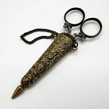 ANTIQUE PAIR STEEL SEWING SCISSORS & BRASS CASE