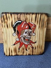 Handmade Pyrography Full Face Jester Skull 5x7” Wall Hanging. Hand Painted