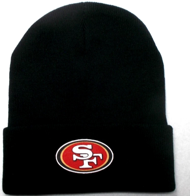 San Francisco 49ers flat applique logo on Black beanie cap hat. See details