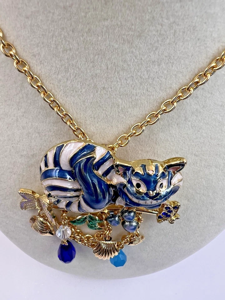 Signed RARE Blue Cheshire Cat Alice in Wonderland Necklace Brooch New Whimsical - Image 2 of 4