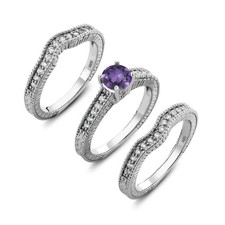 925 Sterling Silver Round Purple Amethyst Set of 3 Fitted Ring 1.29 cttw