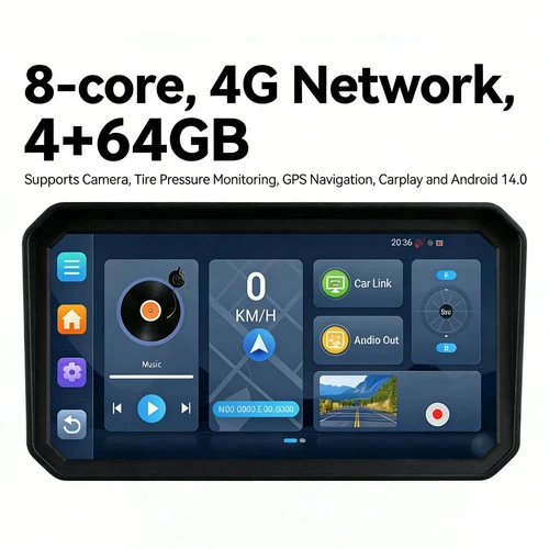 4G Motorcycle GPS Navigation 6″ Android 14 8-Core CarPlay Android Auto TPMS Cam