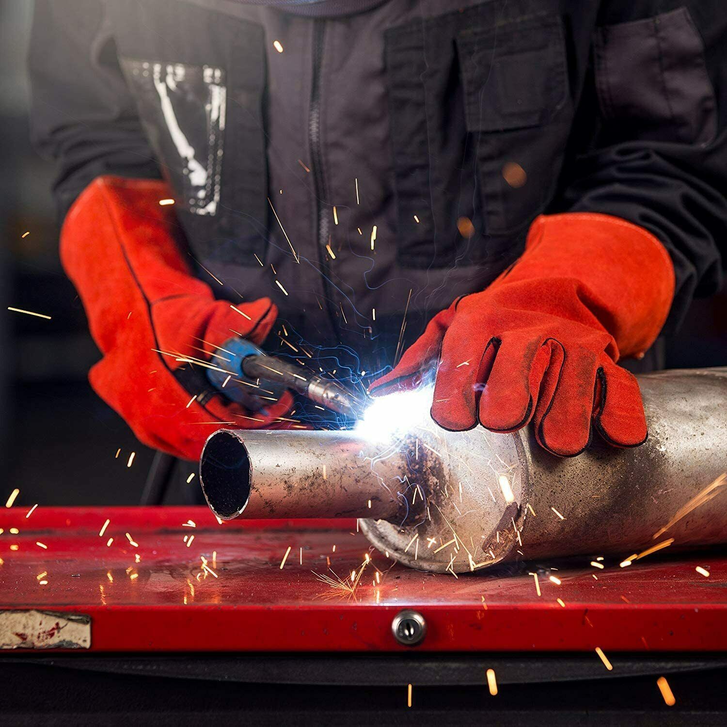 Red Welding 10 X Welding Gloves Red Welders Gauntlet Long Lined High Temperature ...