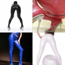 Women Faux Latex Shiny Pantyhose Zipper Crotch Skinny Slim Pants Footed Trousers