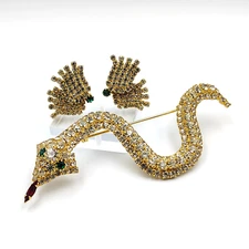 Vintage Weiss Albert 1940s Gold Tone Rhinestone Set Snake Brooch & Earrings