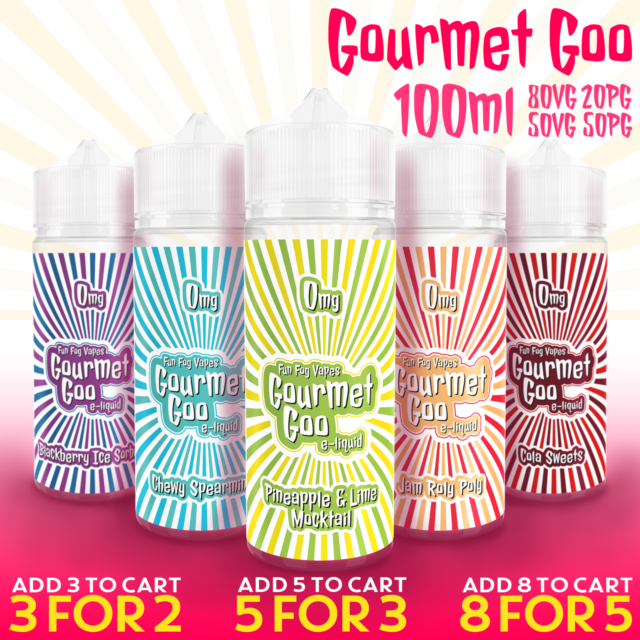 E-Liquid 100ml GOURMET GOO Vape Juice Premium 50/50 & 80/20 VG PG 0mg Short-Fill