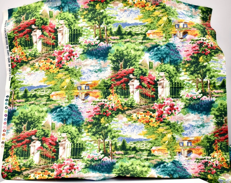 Monet's Countryside Garden,#8664 棉,郁郁葱葱的五颜六色的花园,铁门,44"x36" — 第 2/2 张图片