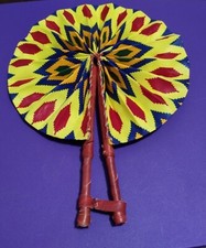 African Print Hand Fan - Real Leather, Kente Cloth, Hand Made - Multi Color