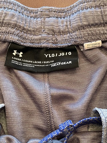 Boys Under Armour Athletic Shorts YLG Gray Blue Elastic Drawstring Waist - Picture 3 of 3