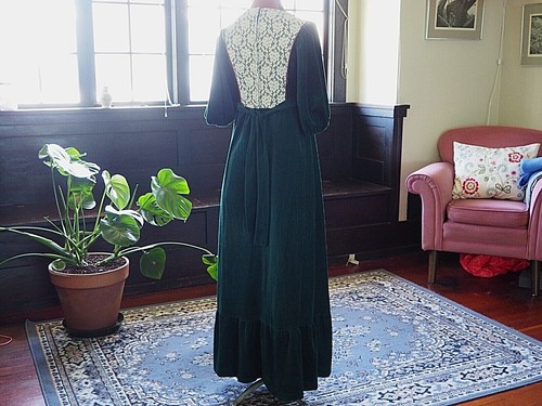VTG 70s Unbranded Green Velour Lace Puff Sleeve Prairie Cottagecore Talon Sz M - Picture 5 of 10
