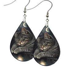 Good Night Crescent Moon Gray Tabby Cat Gift Earrings Teardrop NO TARNISHING