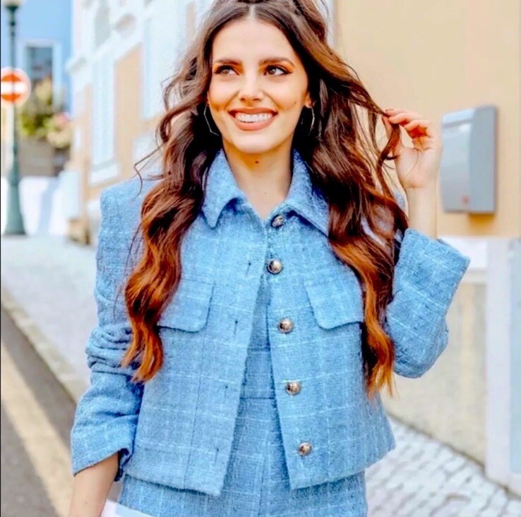 Zara Blazer Cropped Textured Tweed Jacket Sky Blue Blogger