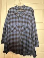 RAILS Women's Flannel Shirt Size M Studded Plaid Blue Black Fringe Hem