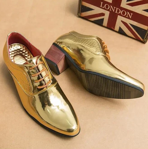 Mens Shoes Size Gold Pointed Toe High Cuban Heels Lace Up Patent Leather Wedding - Picture 9 of 13