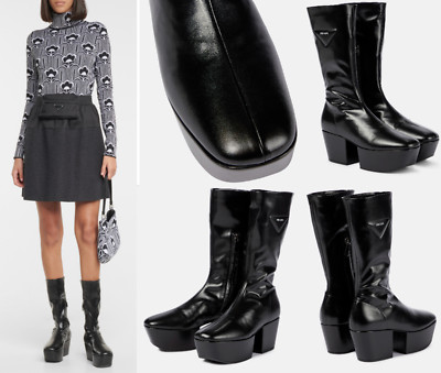 ミドルブーツ PRADA Women Boots 1W281NF090070 F0002 Black Prada Boots Platform Triangle Nappa Gothic Shoes Stretch New