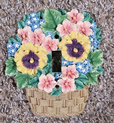 AVON SWITCH PLATE COVER ~ ADORABLE Basket of Flowers COLORED DESIGN - 1 Screw
