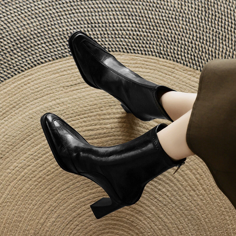 女式女士优雅方头后拉链踝靴粗跟高跟鞋 — 第 4/4 张图片