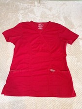 Cherokee Womens Scrub Top Sz Small RedNursing V Neck Shirt Logo Pocket Medical