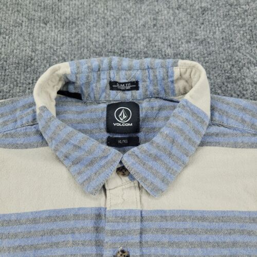 Volcom Button Shirt Men XL Blue Striped Slim Fit Short Sleeve Pocket Patch Adult - Picture 3 of 17