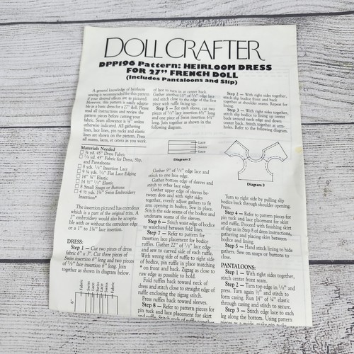 Doll Crafter Poissot Doll Dress Pattern DPP196 Heirloom Dress 27" French Doll - Picture 4 of 7