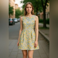 D&R, NWT Elegant Metallic Shimmer Floral Dress in Yellow and Blue