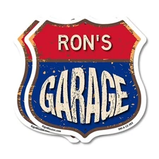 Ron's Garage Shield Shaped Sign Weather Resistant Crafted in the USA