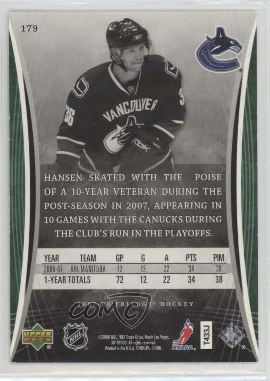 2007-08 Upper Deck Trilogy Rookie Premieres /999 Jannik Hansen #179 Rookie RC - Image 2 of 2