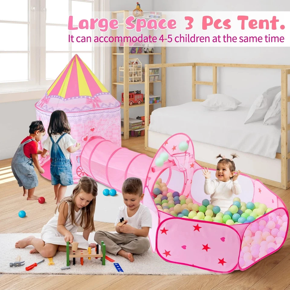LOJETON 3pc Princess Fairy Tale Kids Play Tent Oval Crawl Tunnel Ball Pit for... - Image 2 of 4
