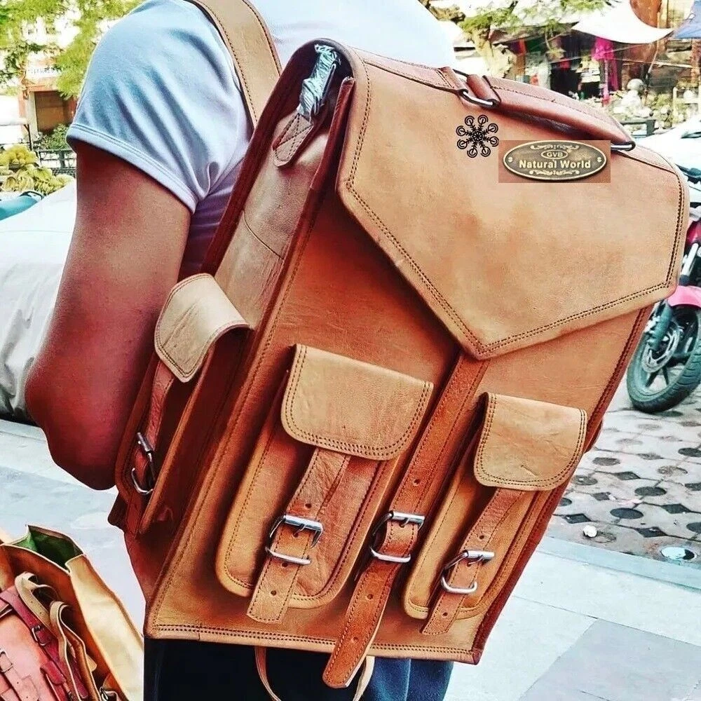 Handmade Goat Leather Backpack Mens Laptop Bag Travel School College Rucksack