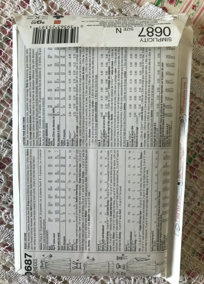 Simplicity Pattern 0687 Renaissance Costume Collection Misses 10-14 Uncut Sewing - Image 3 of 4