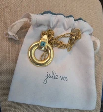Julie Vos Veined Turquoise Pendant Necklace Gold. Chain 30" long. With Pouch. 