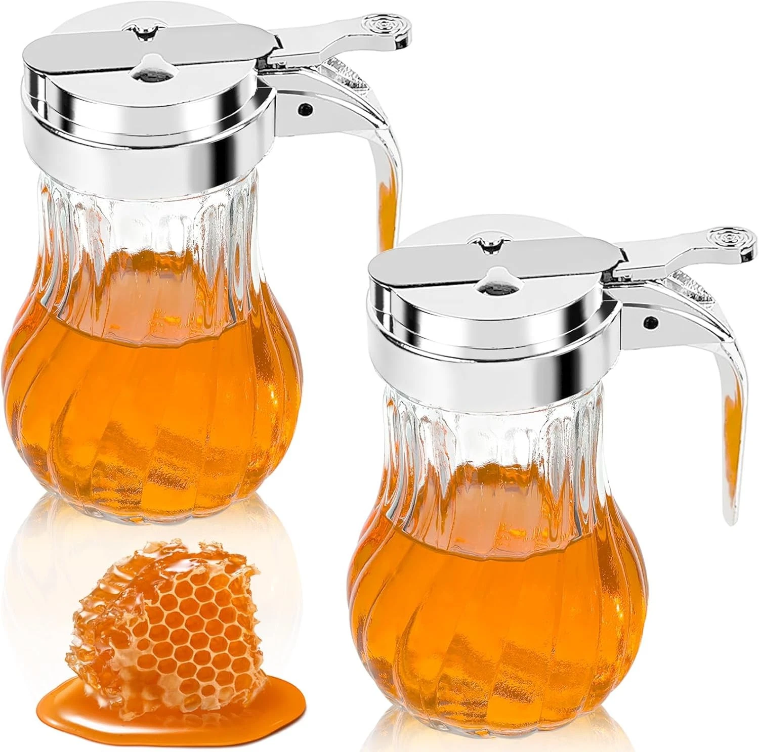2Pcs Hollow Out Glass Honey Pot 8oz Twill Weave Syrup Dispenser Container